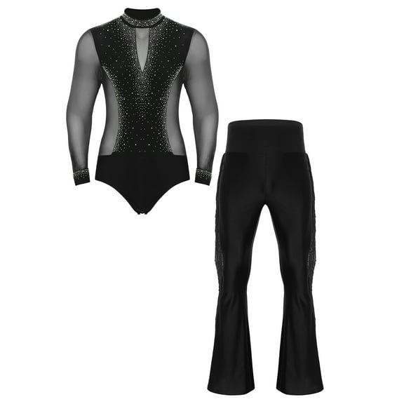 iiniim Mens 2-Piece Set Latin Dance Outfits Long Sleeve Bodysuit Dance Leotard with Flared Pants Black XL