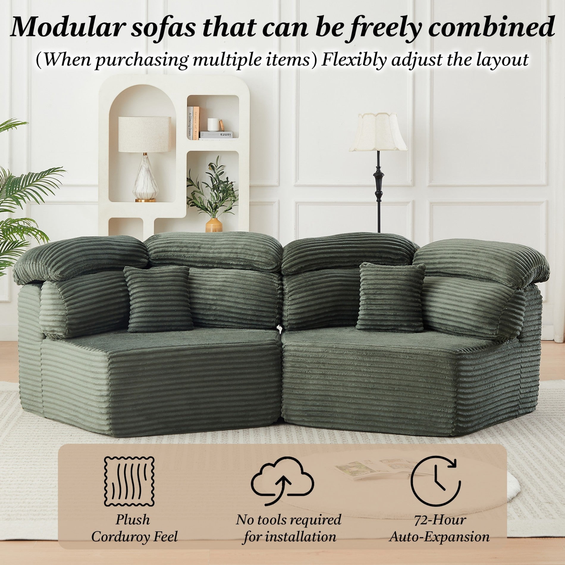 Sailvan 2PCS 53" Modern Corduroy Modular Lounge Chair, Pentagonal Seater Cloud Sofa with 6 Enveloping Pillows for Living Room Green