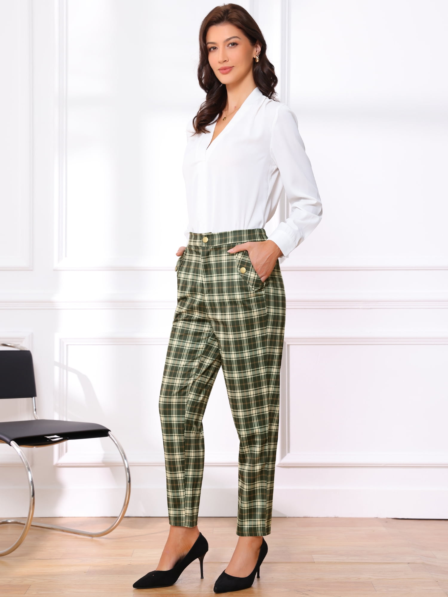 DARING DIVA Women's Tartan Plaid Pants Elastic Waist Straight Long Trousers L Army Green