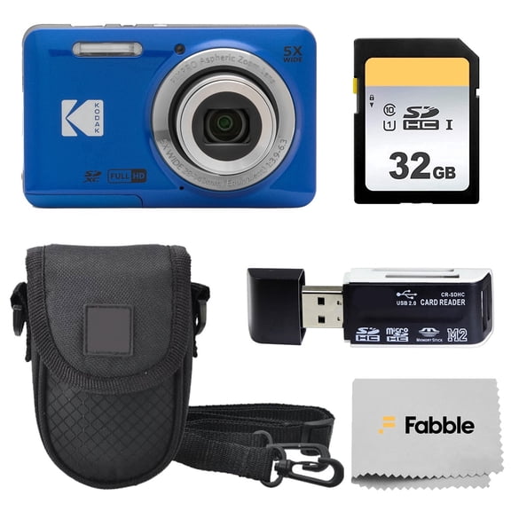 KODAK PIXPRO FZ55 16MP Digital Point & Shoot Camera, 5X Optical Zoom, 28mm Wide Angle, 1080P Full HD Video, Bundle with 32GB SD Card, Protective Case, and Hi-Speed Card Reader (Blue)