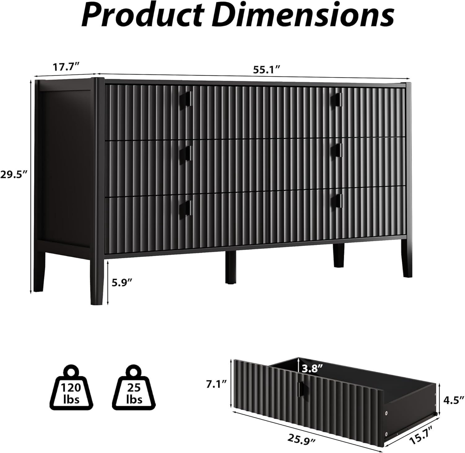 FURNIWAY Black 6 Drawer Dresser for Bedroom, Modern Wood Dresser, Fluted Design Double Chest of Drawers with Wood Legs, TV Stand Storage Cabinet for Bedroom, Living Rooms, Offices, and Entryways