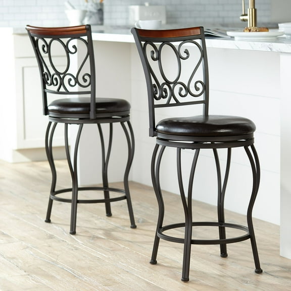 55 Downing Street Alberta Metal Swivel Bar Stools Set of 2 Black 24" High Traditional Brown Faux Leather with Backrest Footrest for Kitchen Counter
