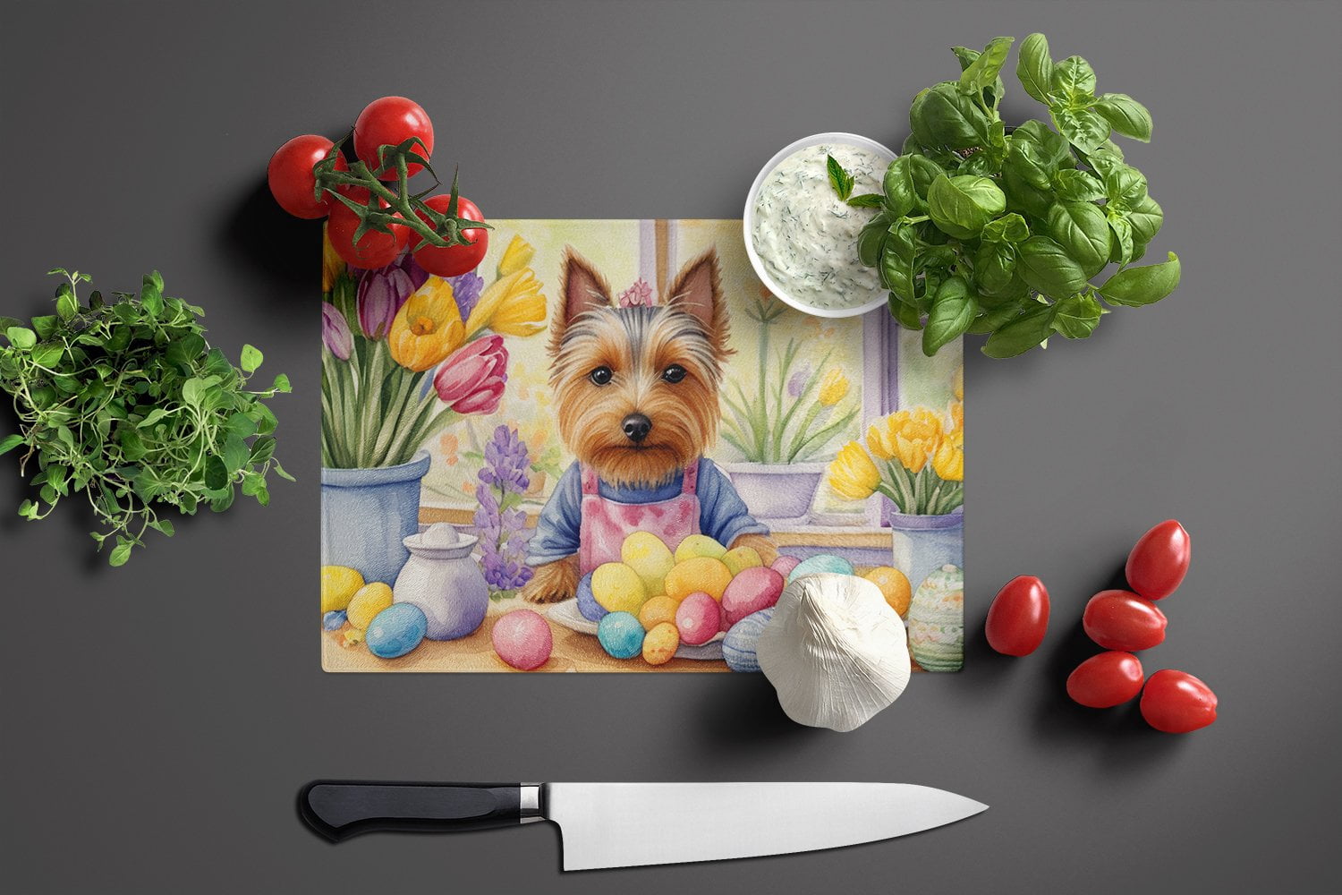 Decorating Easter Silky Terrier Glass Cutting Board 12 in x 15 in