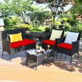 thumbnail image 1 of 4 PCS Patio Furniture Set, Outdoor Wicker Conversation Set with Tempered Glass Coffee Table, Rattan Sofa & Chairs Set with Comfortable Seat Cushions for Backyard, Garden, Poolside (1, Red), 1 of 8