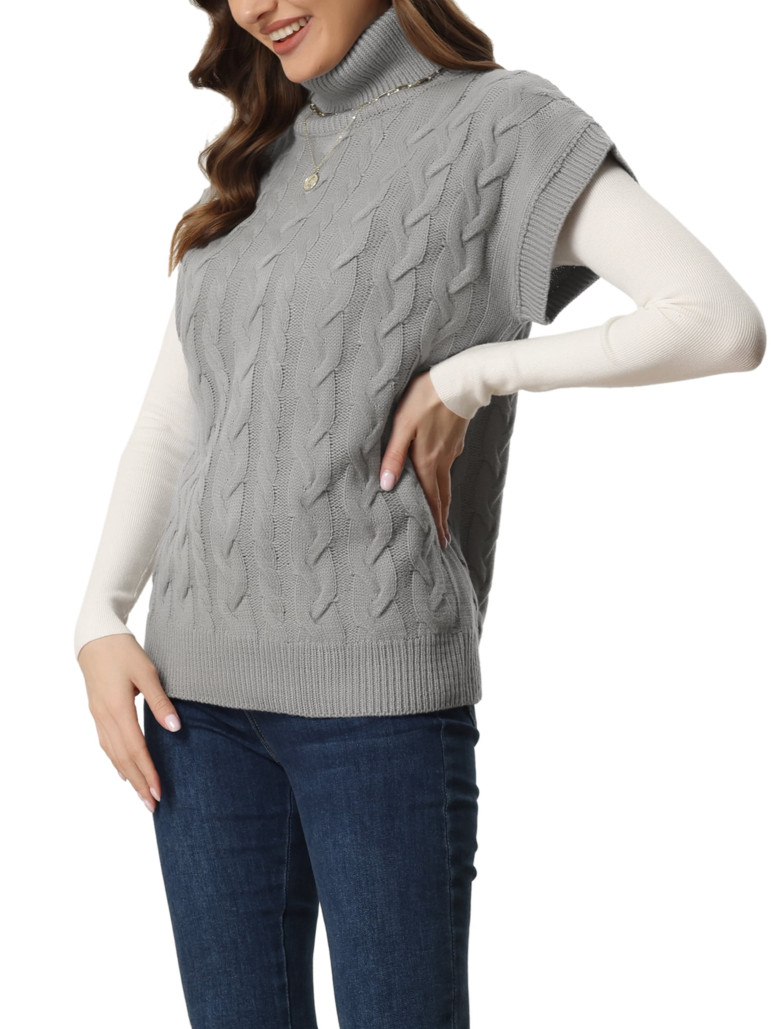 Unique Bargains Women's Solid Turtleneck Sleeveless Pullover Cable Knit Sweater M Grey