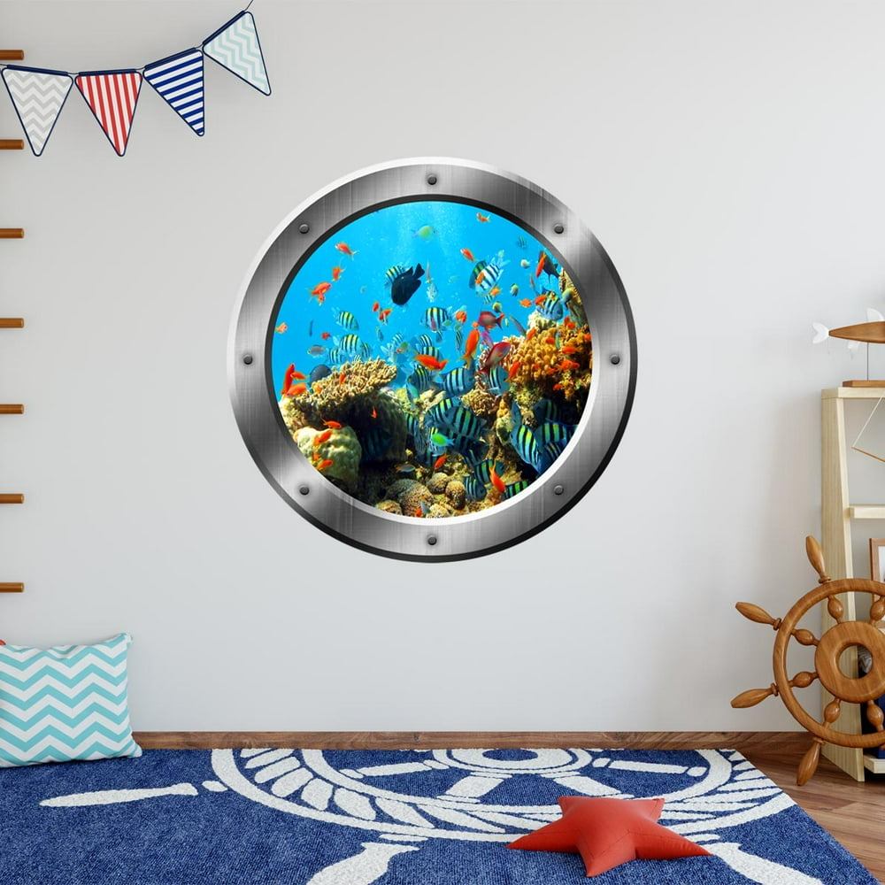 VWAQ Coral Reef Wall Decal Porthole Ocean School Of Fish Wall Sticker Home Decor SP19 (20