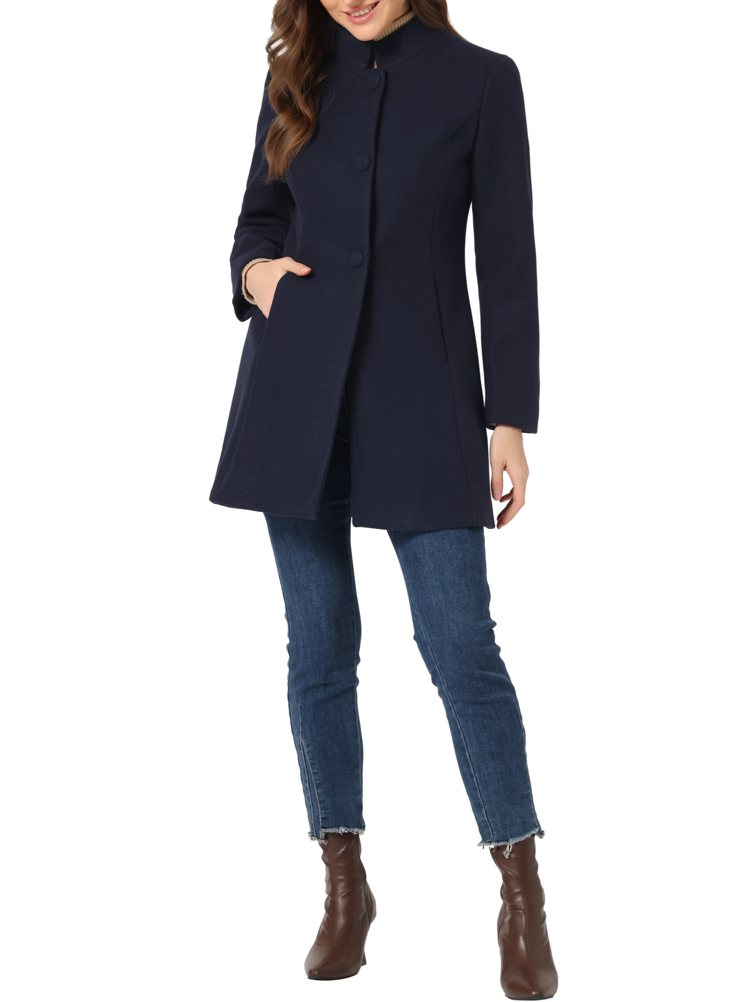 Unique Bargains Women's Winter Overcoat Stand Collar Single Breasted Long Coat S Navy Blue