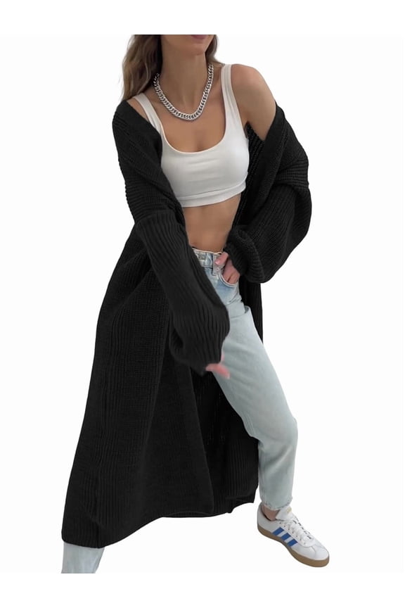 Women'S Oversized Long Cardigan Open Front Duster Sweater Cardigan Black L