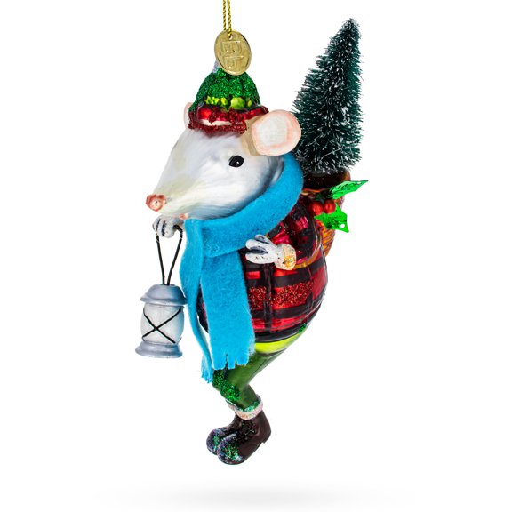 Mouse Carrying Lantern Glass Christmas Ornament