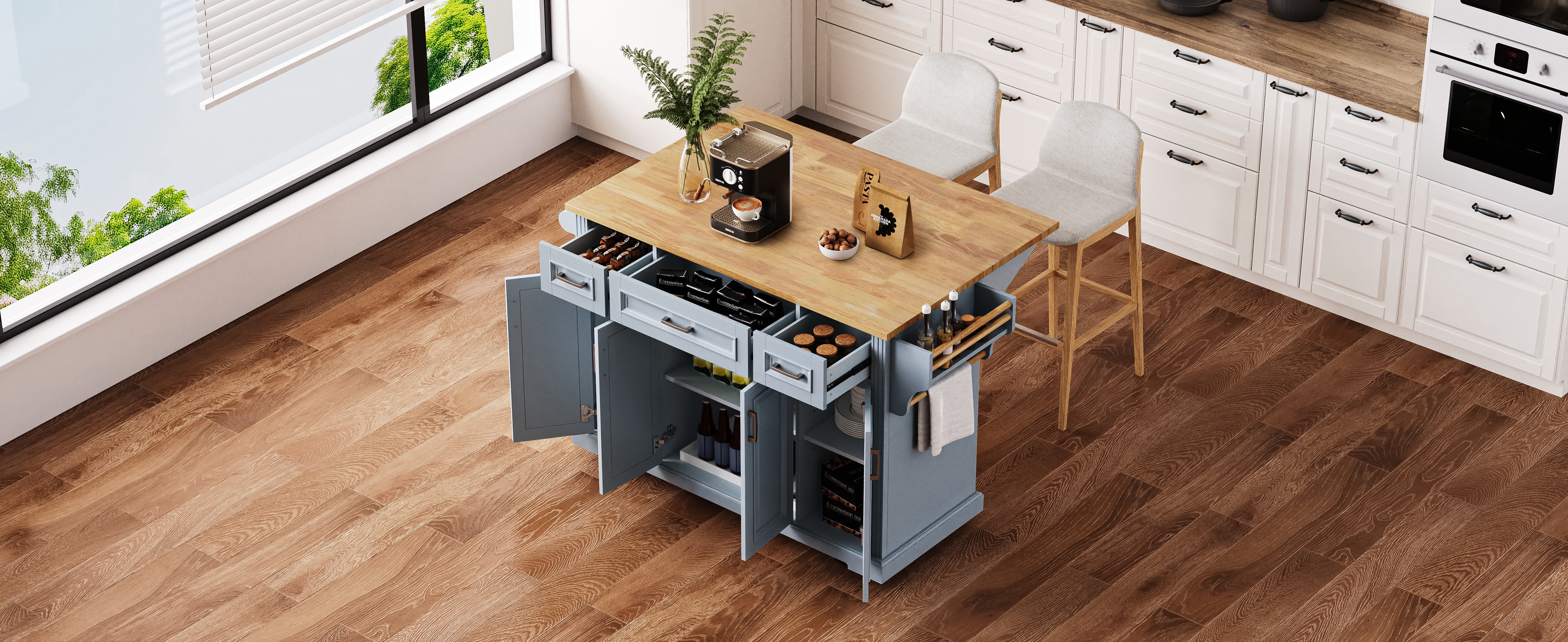 Kitchen Island with Drop Leaf, 54" Embossed Texture Rolling Cart with 4 Cabinets & 3 Drawers, Large Storage Island on Wheels for Kitchen