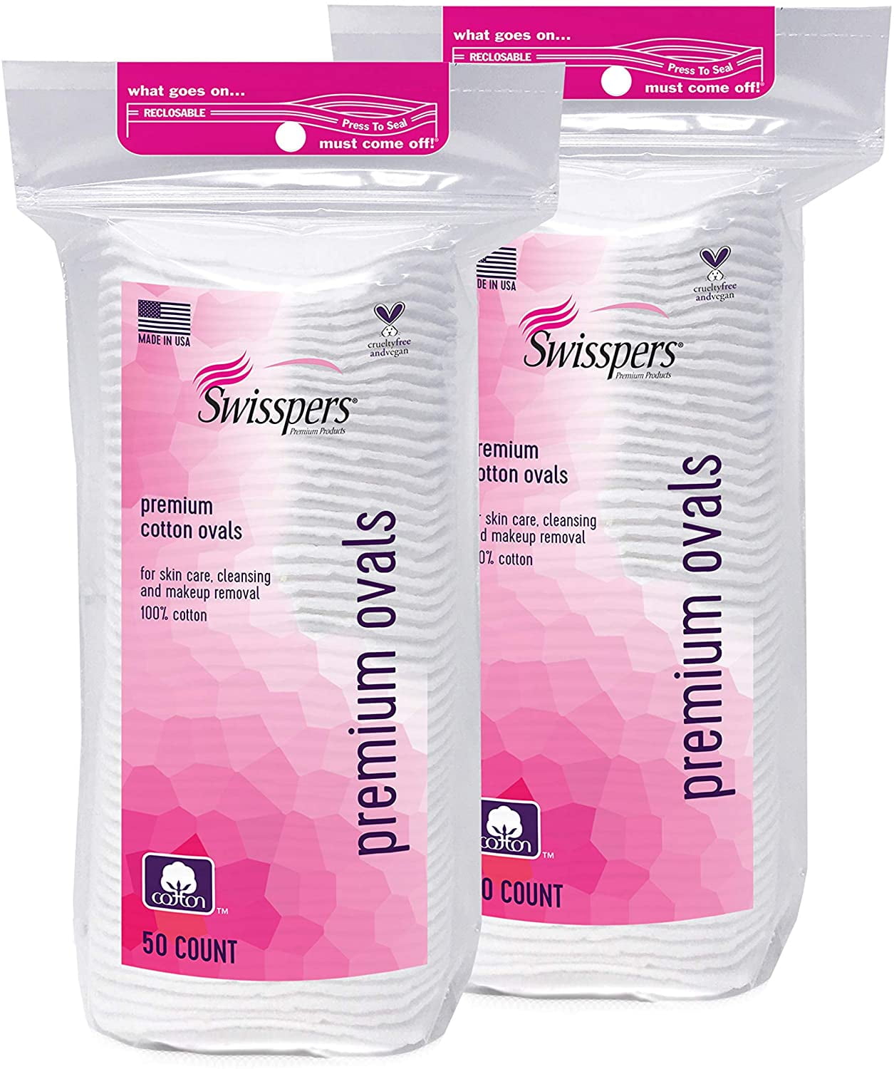 Swisspers Premium 100 Percent Cotton Ovals, Reclosable Bags, 50 Count Bags, 2 Pack (100 Count