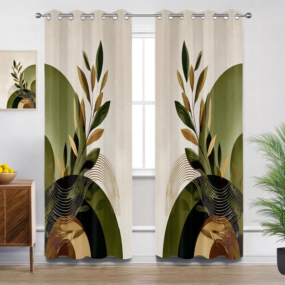 Olive Green Beige Blackout Curtains For Bedroom Living Room, Mid Century Botanical Modern Patterned Window Treatments, Room Darkening Thermal Insulated Grommet Drapes 52"W x 63"L (Pack of 2)
