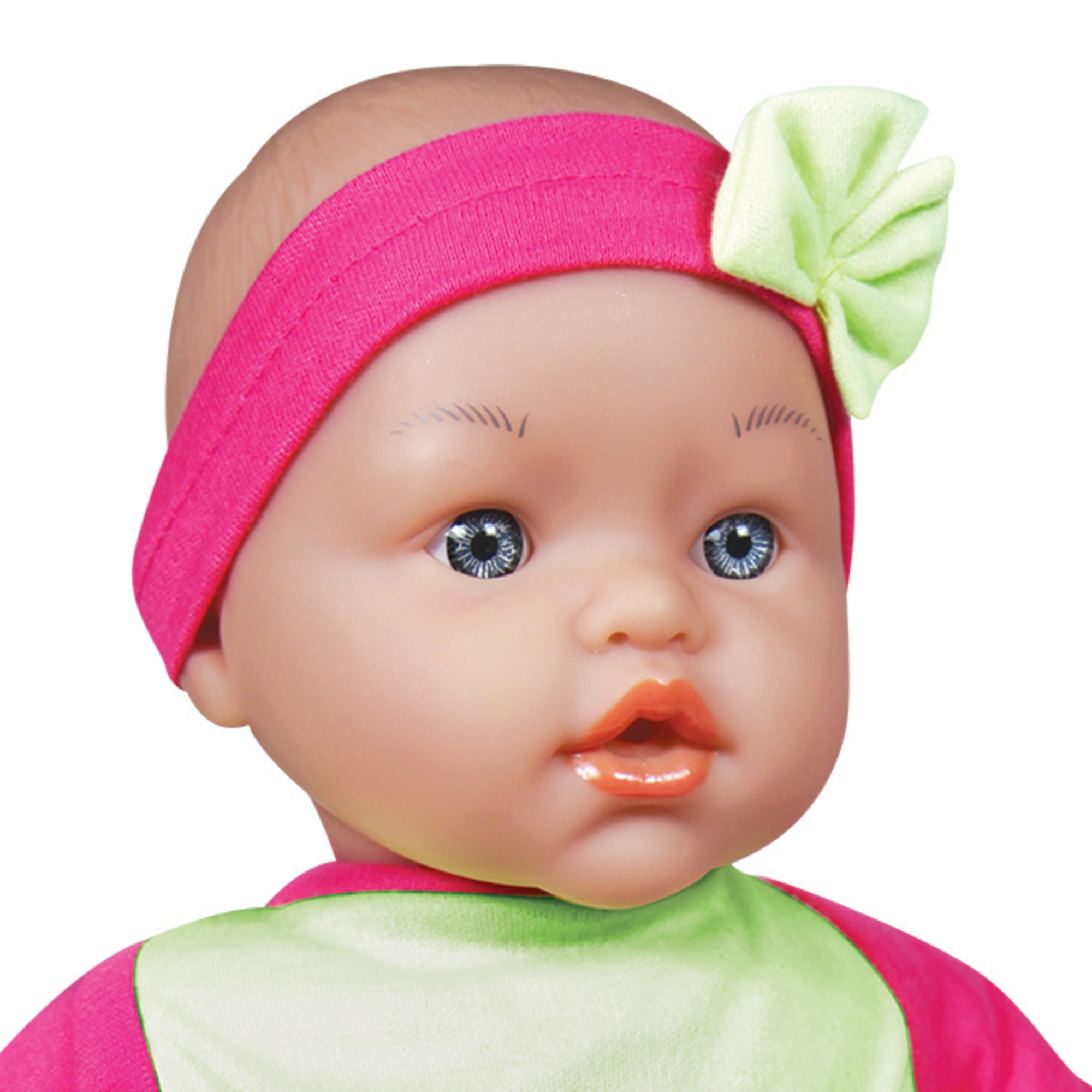 Lissi: 15" Moving Face Baby Doll - Pink-Green-Blue- Floral - Interactive Doll & Feeding Care Accessories, Sucks On Pacifier & Makes Noises, Kids 2+