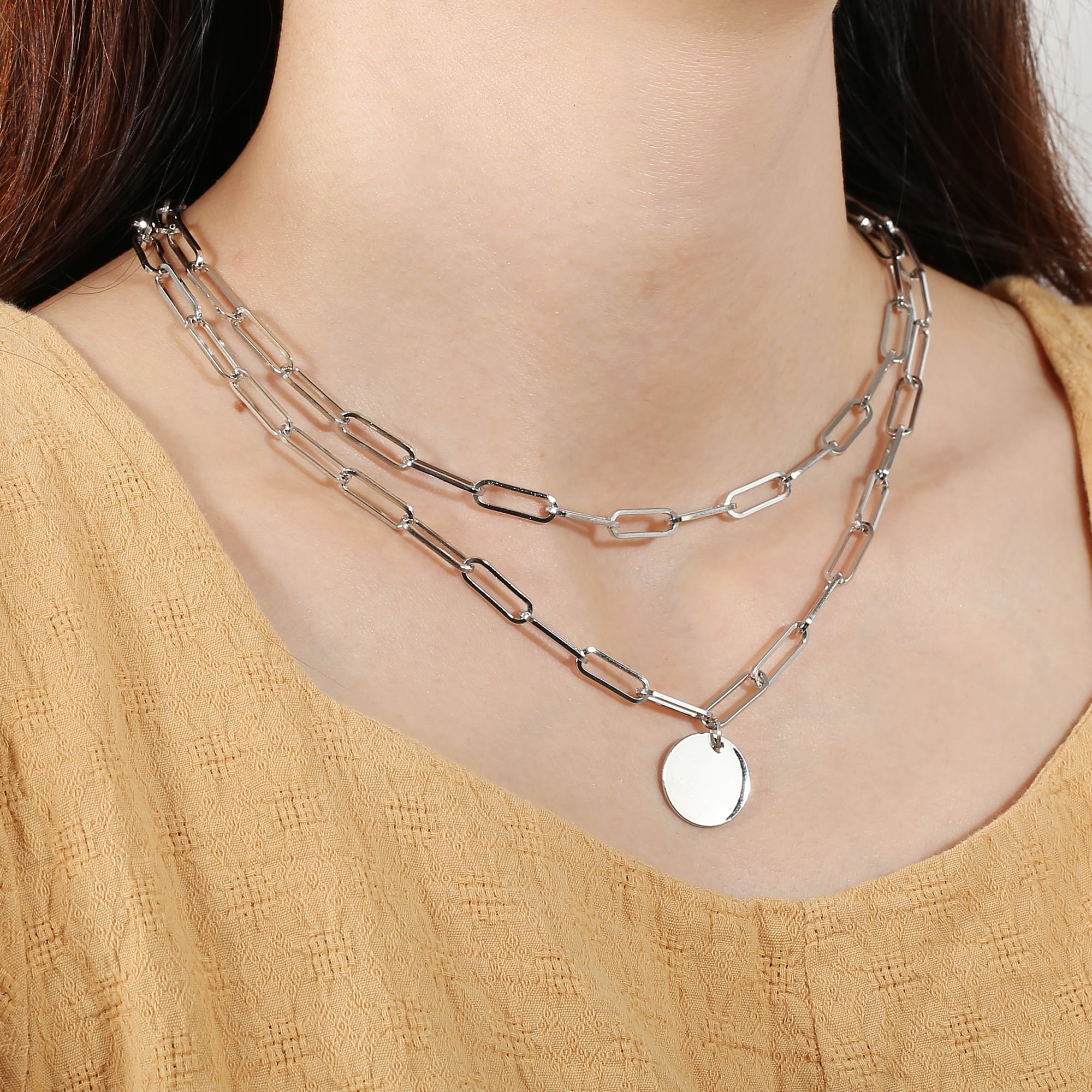 Unique Bargains Layered Disc Pendant Paperclip Link Chain Necklaces for Women Silver Tone