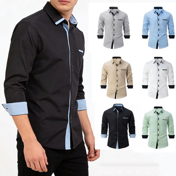 Aestivo Men's Collared Neck Solid Shirt, Casual Long Sleeve Top, Slim Fit Button-Up Blouse with Exterior Pocket for Casual Work, Black L