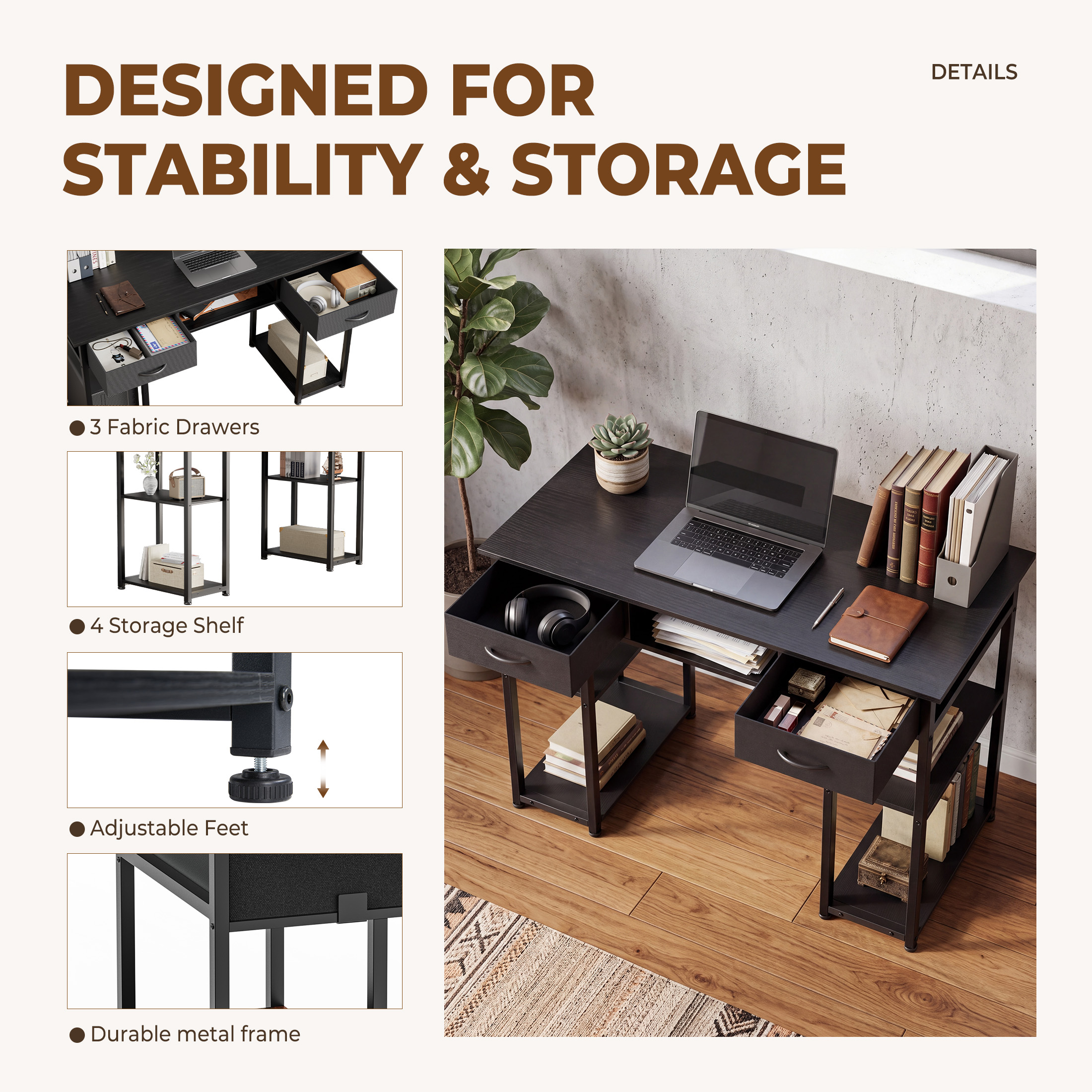 edx 48 Inch Office Desk with Drawers and Storage Shelves, Black photo 4
