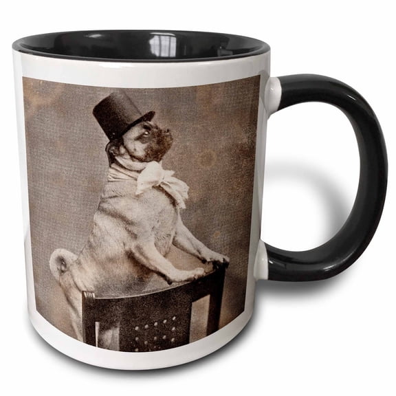 3drose, Pug in Top Hat Sepia Tone, 15oz Two-tone Black Mug