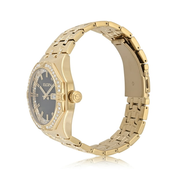 Elgin Adult Men's Gold and Crystal Round Case Watch with Date