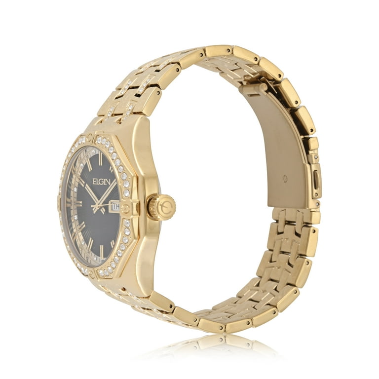 Elgin Adult Men's Gold and Crystal Round Case Watch with Date