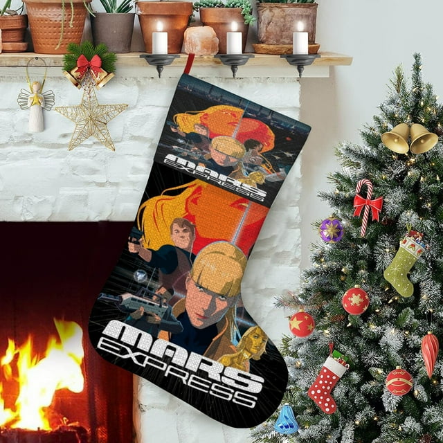 Mars Express Tema: Calcetines de Navidad, fino lino blanco para colgar en escaleras y chimenea, decoración navideña para el hogar, regalo de Navidad. 45cm × 32cm