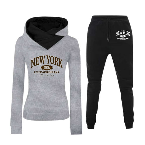 Sweatsuits Women 2 Piece Outfit Womens Hooded Jogging Set New York Print Long Sleeve Sweatshirt Pants Track Suits Women Set Grey XXL