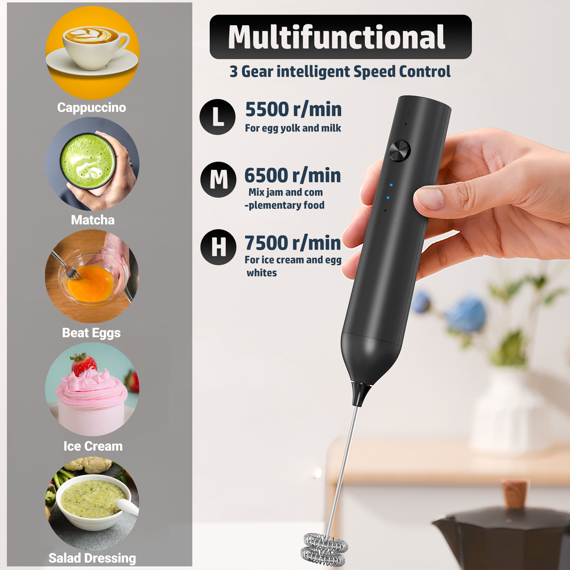 Milk Frother Handheld, Type C Rechargeable Electric Whisk Coffee Frother Mixer for Coffee, 3 mixing Speeds Mini Milk Foamer Drink Mixer with 2 Whisks for Coffee Matcha Frappe Latte Cappuccino