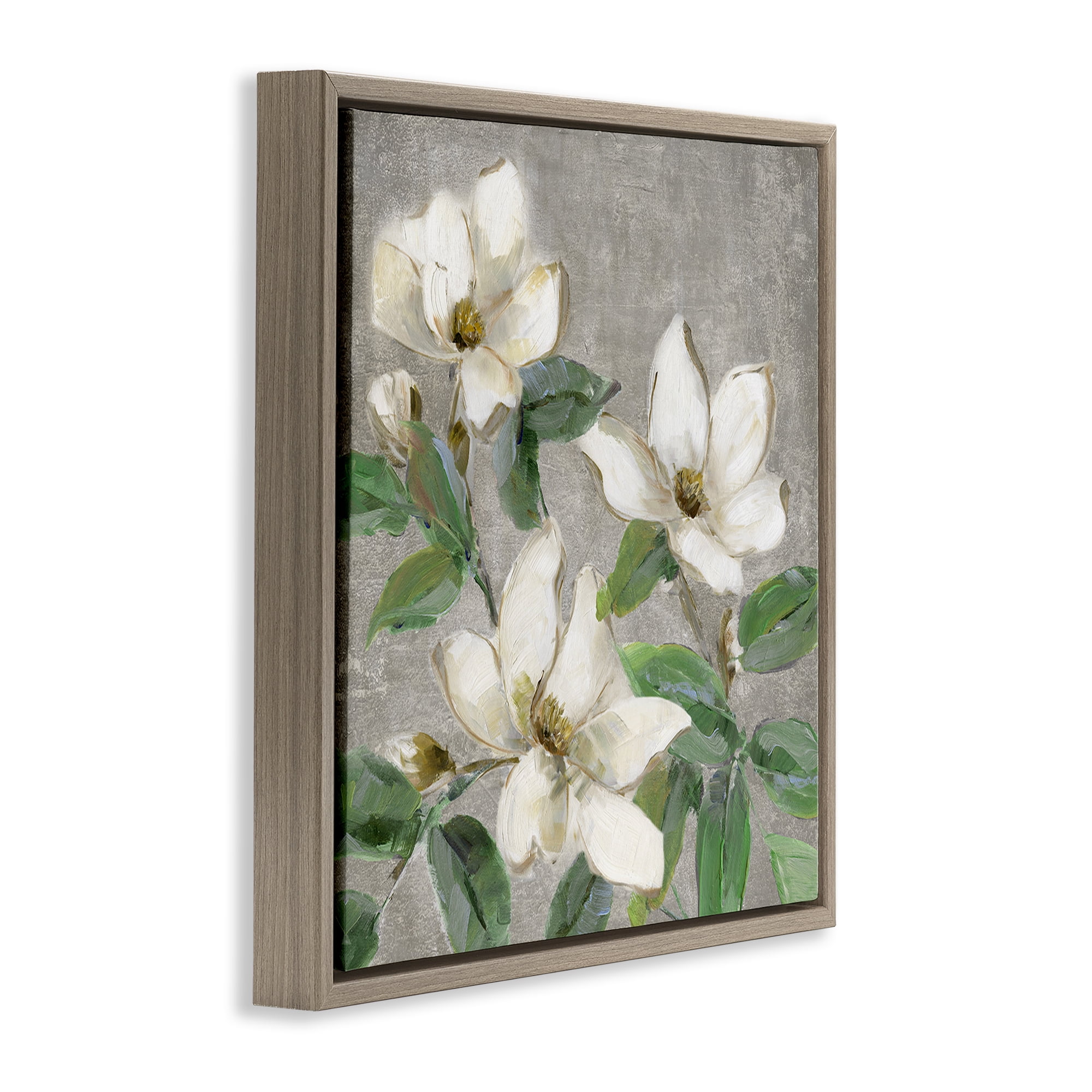 Stupell Industries Ivory Magnolias on Grey Brown Framed Floater Canvas Wall Art, design by Sally Swatland