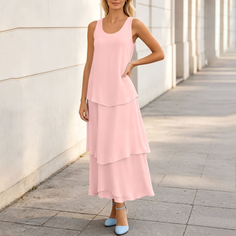 Asdoklhq Maxi Dresses for Women Summer Dresses Graduation Fashion Women's Sleeveless Solid Tiered Chiffon Dress Casual Flowy A-Line Maxi Dress Pink 2X Asdoklhq Maxi Dresses for Women Summer Dresses Graduation Fashion Women's Sleeveless Solid Tiered Chiffon Dress Casual Flowy A-Line Maxi Dress Pink 2X