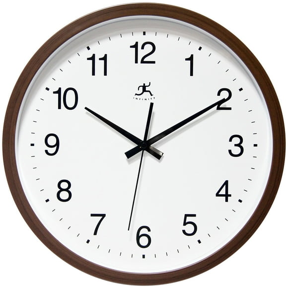 Infinity Instruments 14 inch Basic Simple Minimalist Round Non-Ticking Silent Battery Operated Easy to Read Clock for Office, Classroom, School, Walnut Finish
