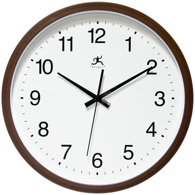 Infinity Instruments 14 inch Basic Simple Minimalist Round Non-Ticking Silent Battery Operated Easy to Read Clock for Office, Classroom, School, Walnut Finish
