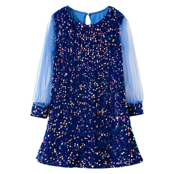 FhsagQ Dresses Formal Christmas Dresses for Girls 12-14 Fashion Girls Dress Sequin Sheer Mesh Long Sleeve Party Elegant Gown Graduation Christmas Dresses for Girls 12-14 Blue 18-24 Months