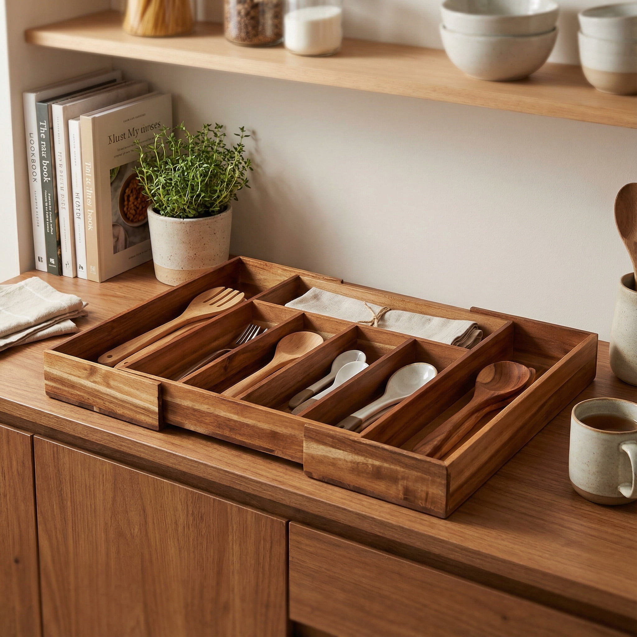 Expandable Acacia Wood Kitchen Drawer Organizer, Adjustable Utensil & Cutlery Organizer with Knife Block, Wooden Kitchen Drawer Organizer