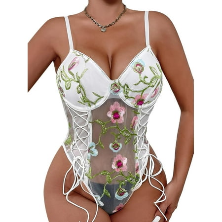 XiaoBanDeng Women Sexy Lace Up Floral Embroidered Teddy Lingerie Bodysuit Top Mesh Sheer One Piece