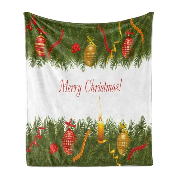 Christmas Soft Flannel Fleece Throw Blanket, Christmas Tree with Elements and Burning Candle Retro Style Hand Writing, Cozy Plush for Indoor and Outdoor Use, 70" x 90", Multicolor, by Ambesonne