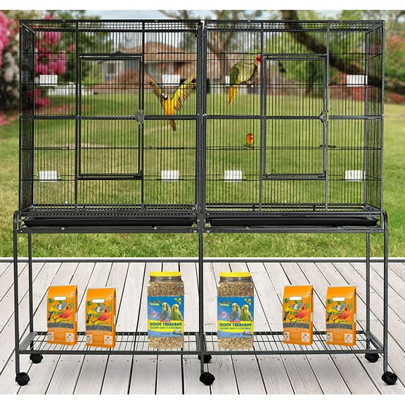 DOUBLE LARGE Bird Flight Tree Breeder House Breeding Cage Center Divider Side Nest Box Doors With Detachable Rolling Stand For Canary Parakeet Cockatiel Lovebird Finches