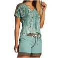 thumbnail image 1 of Mikilon Ensemble Élégant pour Femmes 2 Pcs Haut Col en V et Shorts Ensemble Mode et Confortable Manches Courtes Col en V Vert TP, 1 of 5