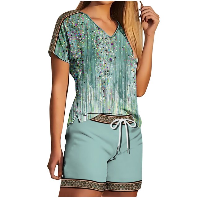 Mikilon Ensemble Élégant pour Femmes 2 Pcs Haut Col en V et Shorts Ensemble Mode et Confortable Manches Courtes Col en V Vert TP