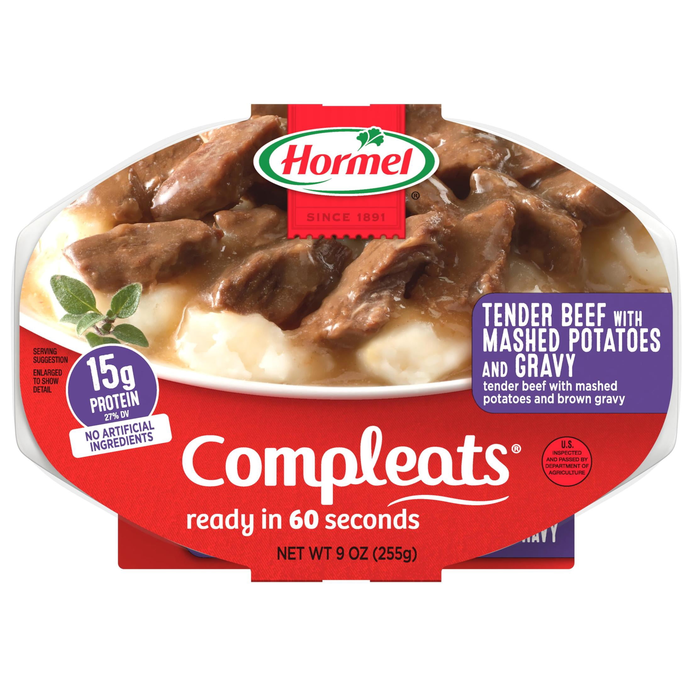 (3 pack) HORMEL COMPLEATS Tender Beef Tips with Mashed Potatoes and Gravy, Shelf-Stable, 15 grams Protein, 9 oz Plastic Microwaveable Tray