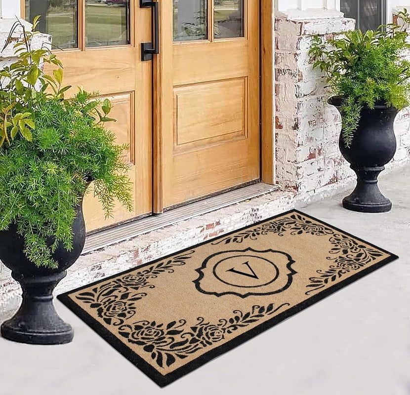 A1HC Natural Coir Monogrammed Floral Door Mat, 36"x72", Durable Anti-Shed Outdoor Door Mat, Heavy-Duty, Low-Profile, Easy to Clean