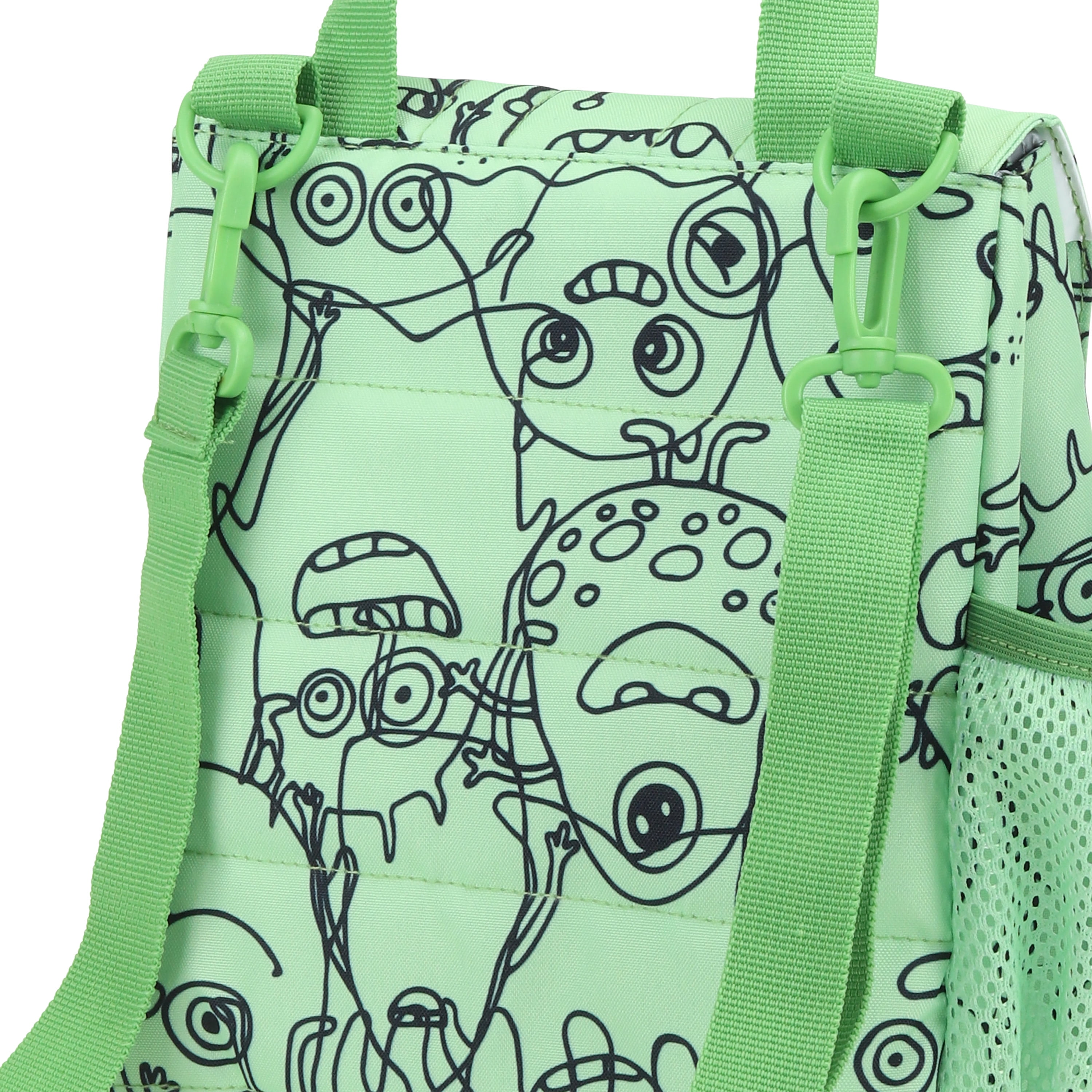 BUILT Insulated Reusable Polyester Kids Lunch Box Puffer Bag with Side Pocket, Monster Green