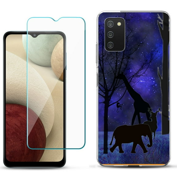 Slim-Fit TPU Phone Case Compatible with Samsung Galaxy A02s, with Tempered Glass Screen Protector, by OneToughShield ® - Midnight Safari