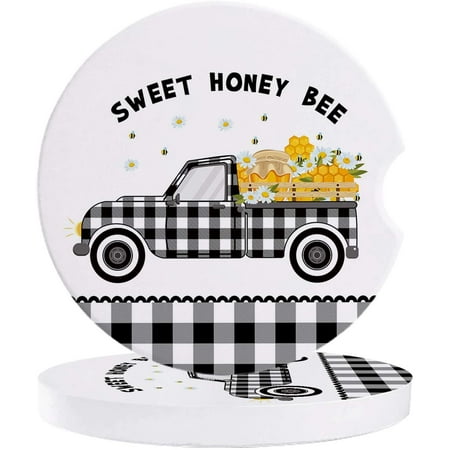 

ZHANZZK Summer Black White Plaid Truck and Honey with Bee Set of 6 Car Coaster for Drinks Absorbent Ceramic Stone Coasters Cup Mat with Cork Base for Home Kitchen Room Coffee Table Bar Decor