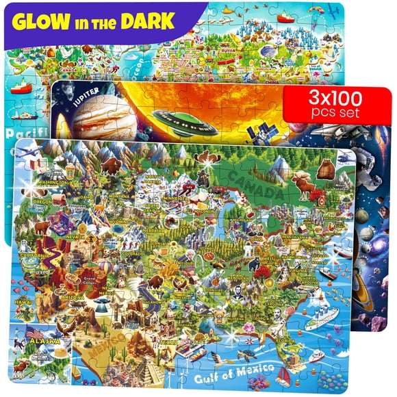 Puzzles QUOKKA 100 para Niños de 4 a 8 Años Mapa de EE.UU. Mapa Mundial Sistema Solar