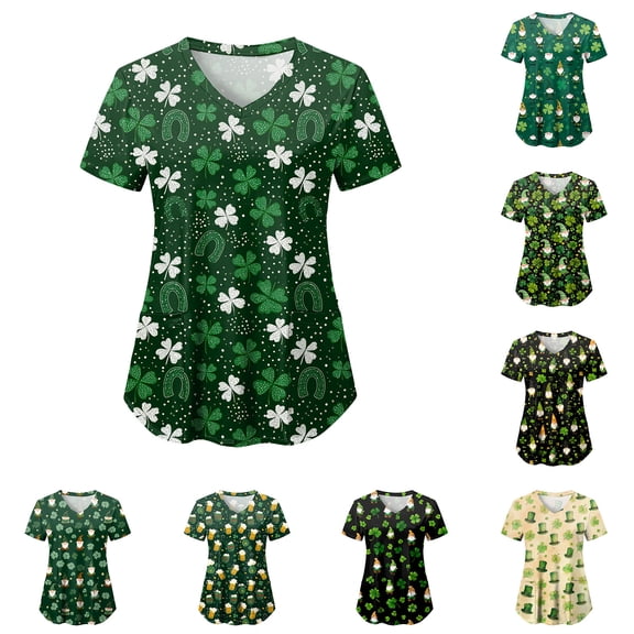 GEWSEY St Patrick Day Shirts Women Holiday-Themed Clover Print Scrub Tops Soft Cozy Nurse Uniform Shirt (Black, M)