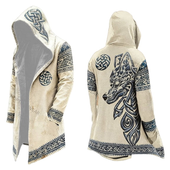 Mens Mid Length Knit Hoodie Cardigan With Print No Zipper No Buttons Clothes