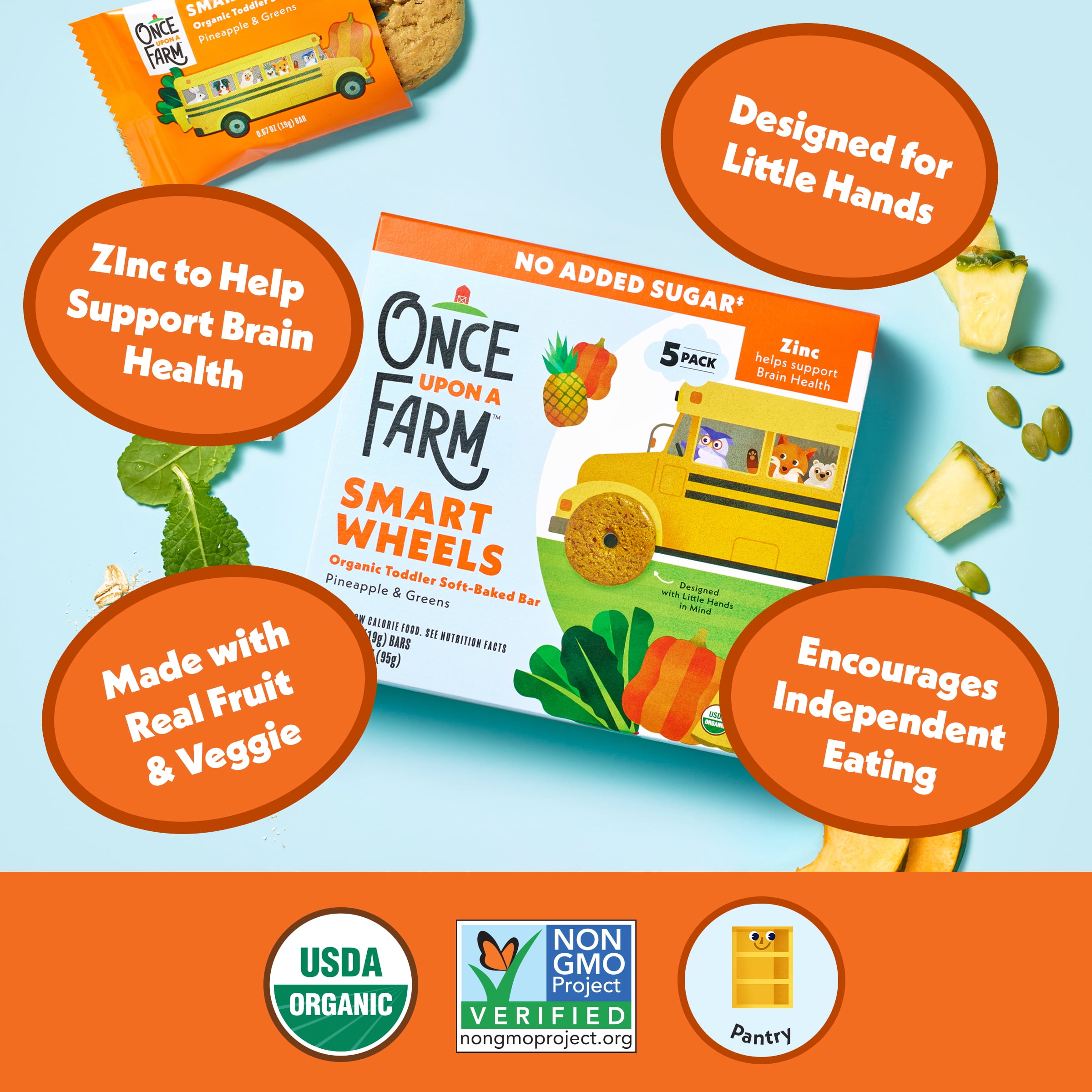 Once Upon a Farm Organic Smart Wheels Toddler Bar, Pineapple & Greens, 5ct