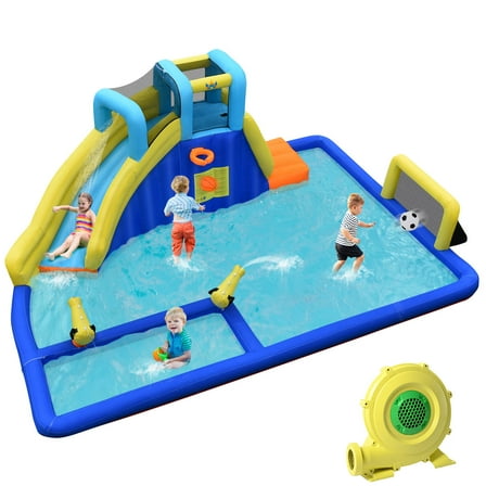 Infans Inflatable Water Jumping House, 6-in-1 Bounce Castle w/ Water Sprayers & Slide, Water Play Center Island Bouncer for Wet & Dry, Carry Bag,Quick Inflation,w/735W Blower