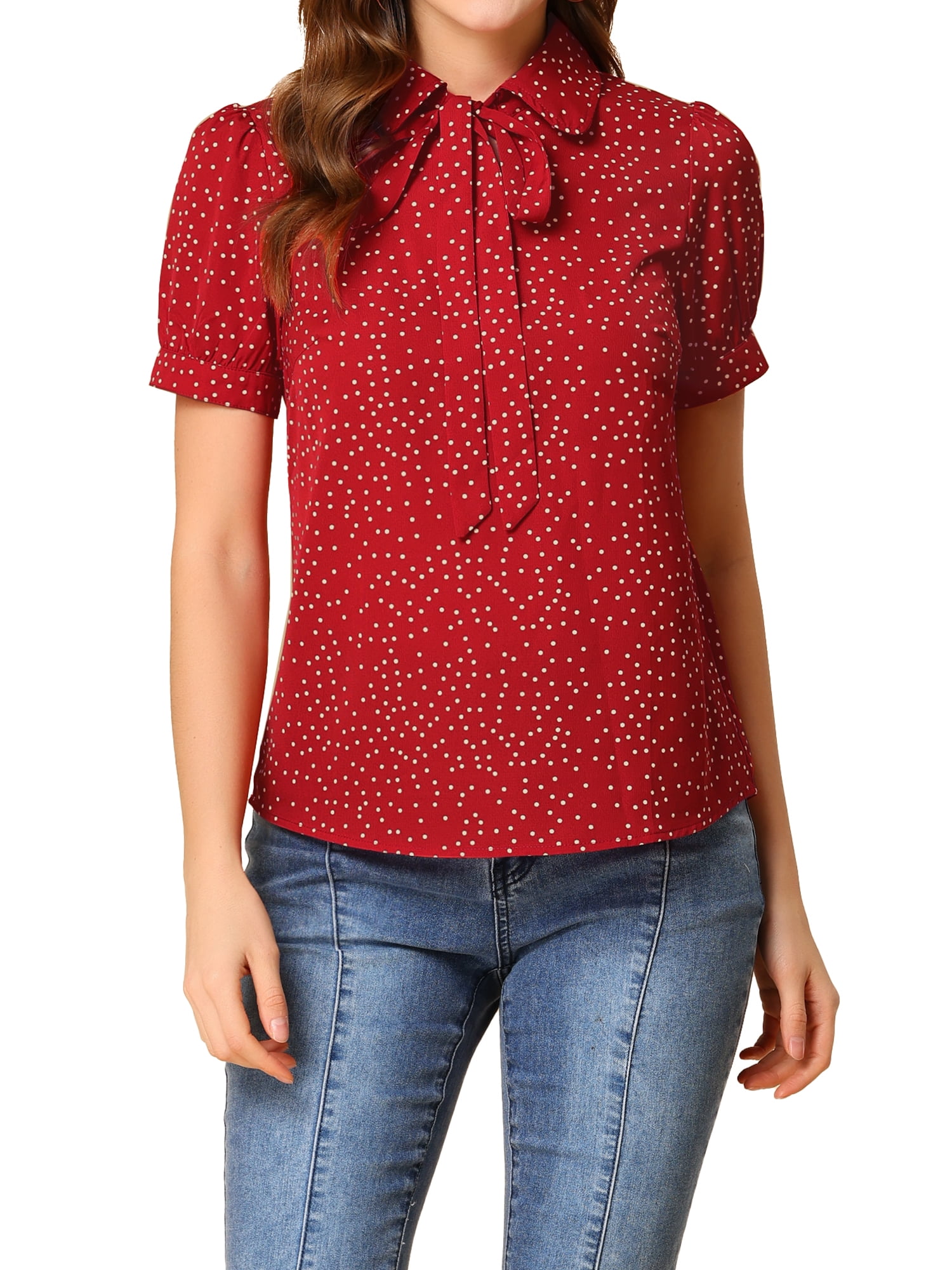 DARING DIVA Women's Polka Dots Tie Bow Chiffon Blouse S Red-Dots