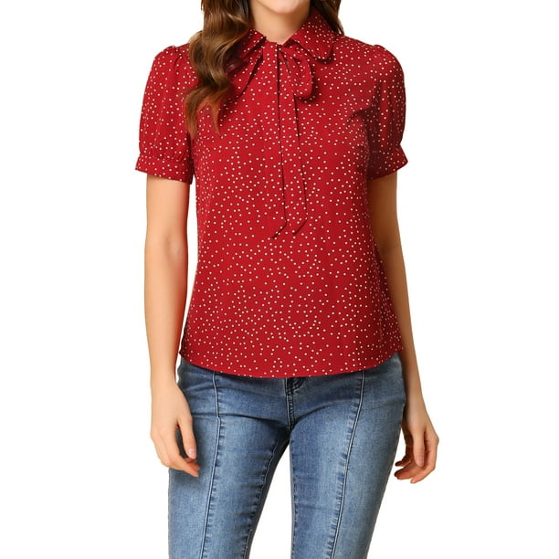 INSPIRAR CHIC Blusa de Chifón con Cuello Peter Pan y Lazo, Estampado Retro, Manga Corta, S Puntos Rojos