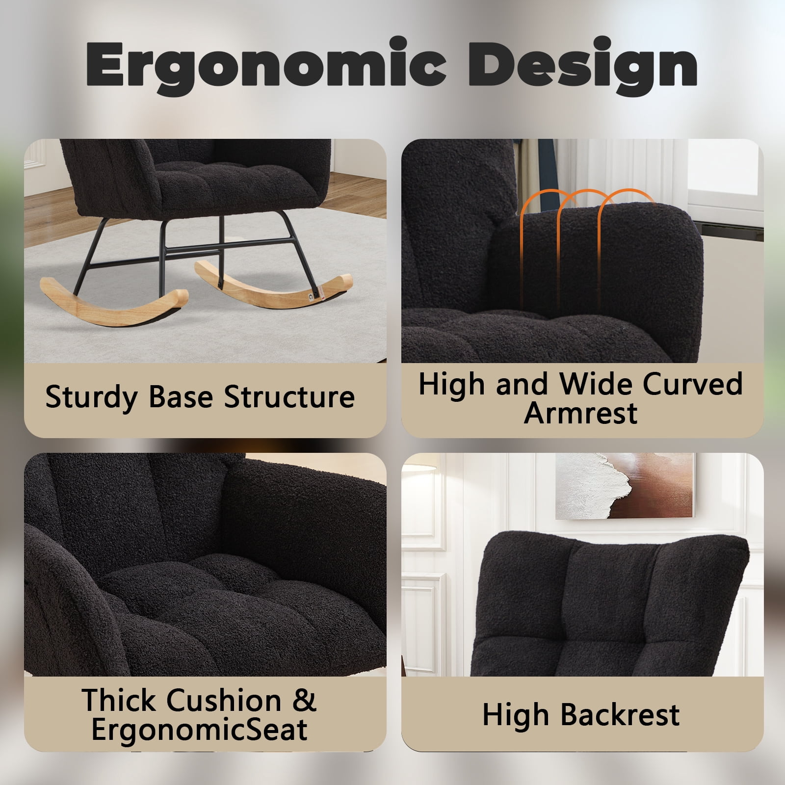 SENCHO GINSYTALIOR Nursery Rocking Chair Teddy Upholstered Glider Rocker,Rocking Accent Chair Padded Seat with High Backrest ,Solid Wood Legs for Nursery Bedroom Living Room(Black）
